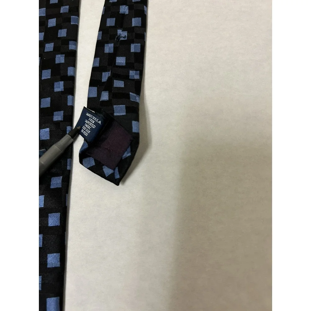 Polo Ralph Lauren Mens Hand Made in USA Squares Print‎ Silk Tie Black Blue